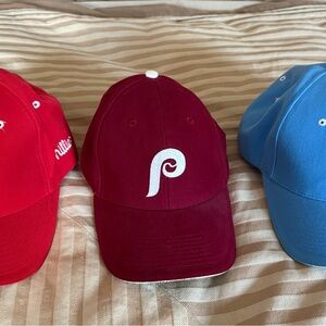 Set if 3 Red, Burgundy, and Blue Phillies Baseball Caps